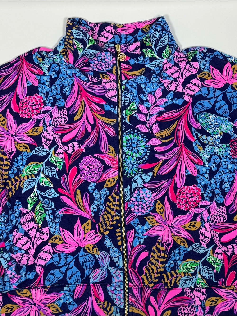 Lilly Pulitzer Wrenley Zip-Up Jacket Pockets Pink & Blue Navy Calypso Coast XL - Picture 2 of 10